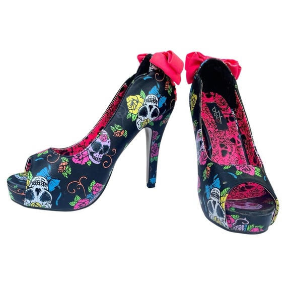 Iron Fist Pin Up Peep-Toe Heels US 6 Goth Witchy Rocker Pink Bow Mexican Skulls - Picture 1 of 16